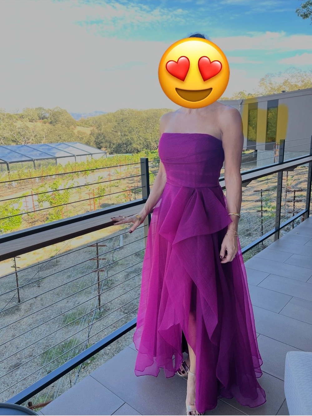 Theia Strapless Magenta Layered Chiffon Gown